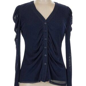 Halogen navy blue ruched long sleeve sheer crepe button down shirt blouse top